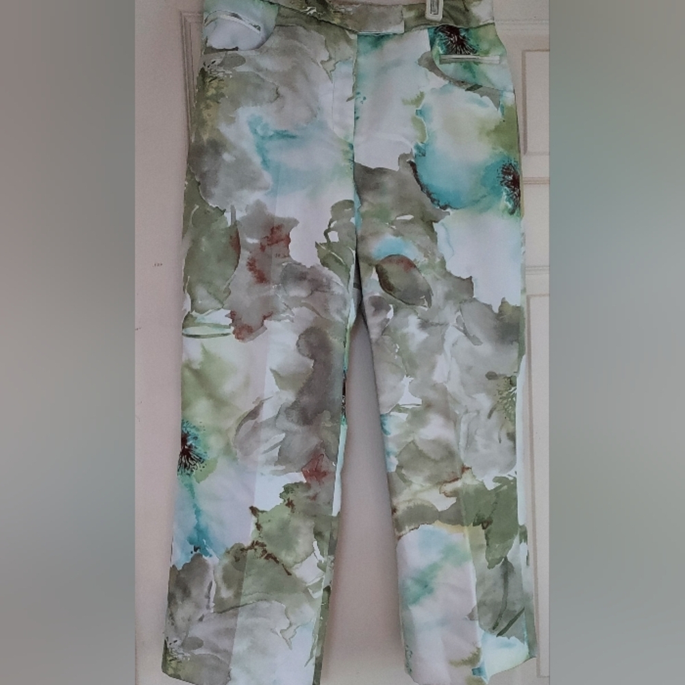 Taiga Paris Capri Pants Size 4 USA Green Watercolor Silky Satin Art To Wear
